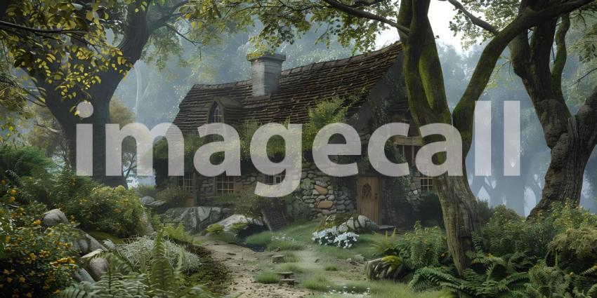 Enchanted Cottage Hidden Amongst the Trees, Moss-Covered Cottage on the Edge of a Tranquil Pond