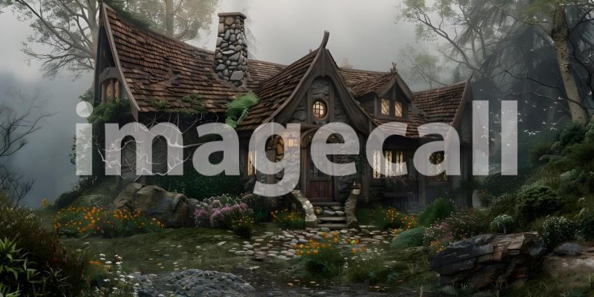 Enchanted Cottage Hidden Amongst the Trees, Moss-Covered Cottage on the Edge of a Tranquil Pond