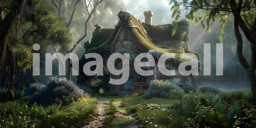 Enchanted Cottage Hidden Amongst the Trees, Moss-Covered Cottage on the Edge of a Tranquil Pond