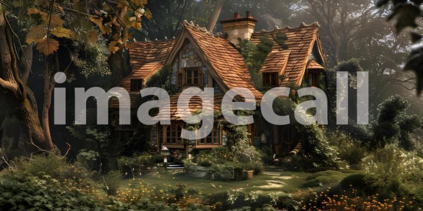 Enchanted Cottage Hidden Amongst the Trees, Moss-Covered Cottage on the Edge of a Tranquil Pond