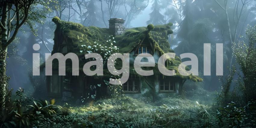 Enchanted Cottage Hidden Amongst the Trees, Moss-Covered Cottage on the Edge of a Tranquil Pond