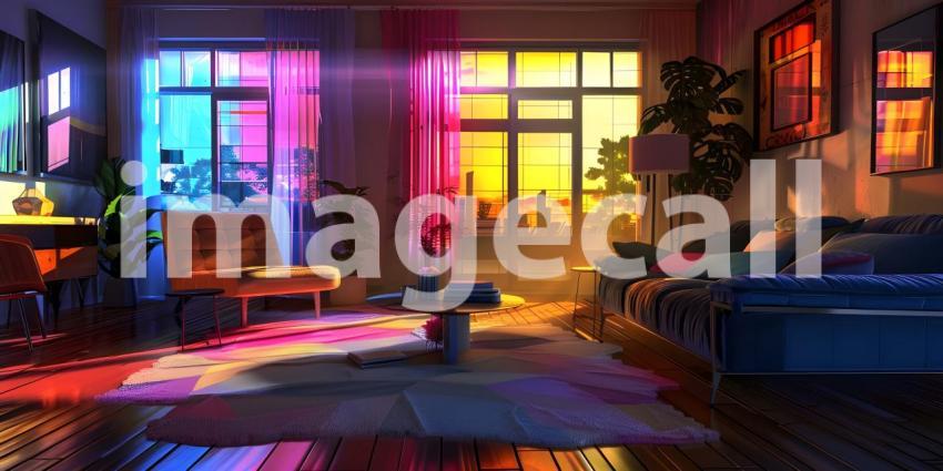 Eclectic Living Room with Vibrant Colored Lighting