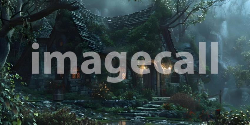 Enchanted Cottage Hidden Amongst the Trees, Moss-Covered Cottage on the Edge of a Tranquil Pond