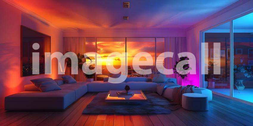 Eclectic Living Room with Vibrant Colored Lighting