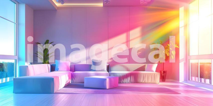 Eclectic Living Room with Vibrant Colored Lighting