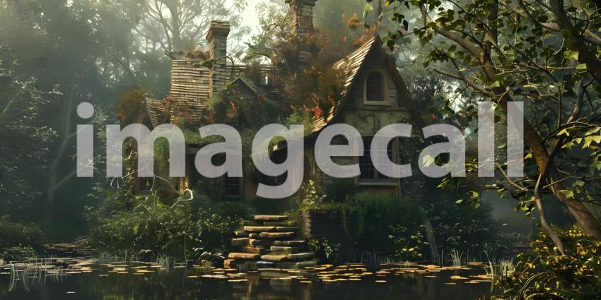 Enchanted Cottage Hidden Amongst the Trees, Moss-Covered Cottage on the Edge of a Tranquil Pond