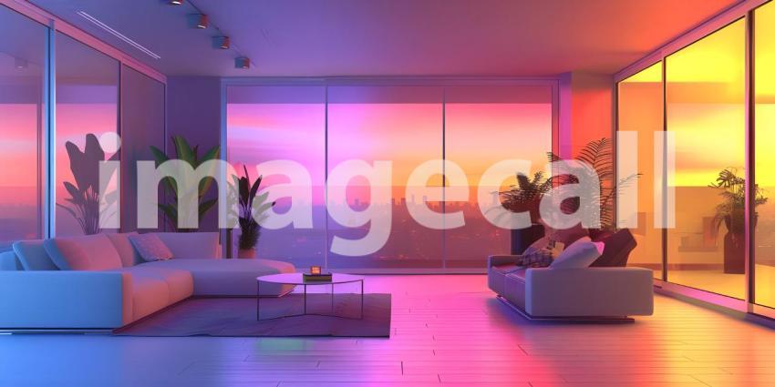 Eclectic Living Room with Vibrant Colored Lighting