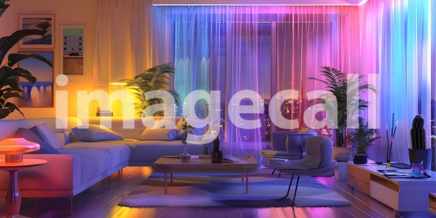 Eclectic Living Room with Vibrant Colored Lighting