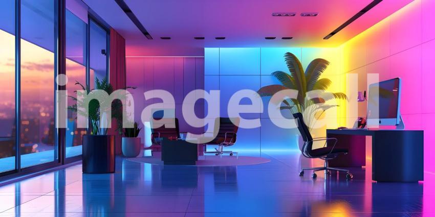 Eclectic Living Room with Vibrant Colored Lighting