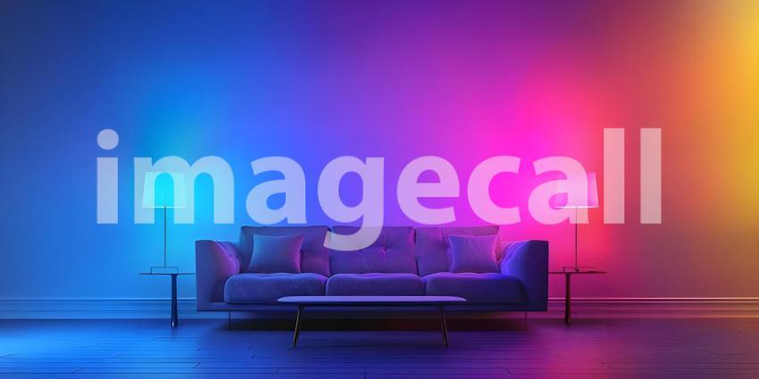 Eclectic Living Room with Vibrant Colored Lighting