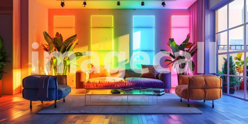 Eclectic Living Room with Vibrant Colored Lighting
