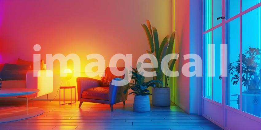 Eclectic Living Room with Vibrant Colored Lighting