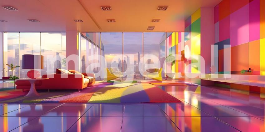 Eclectic Living Room with Vibrant Colored Lighting