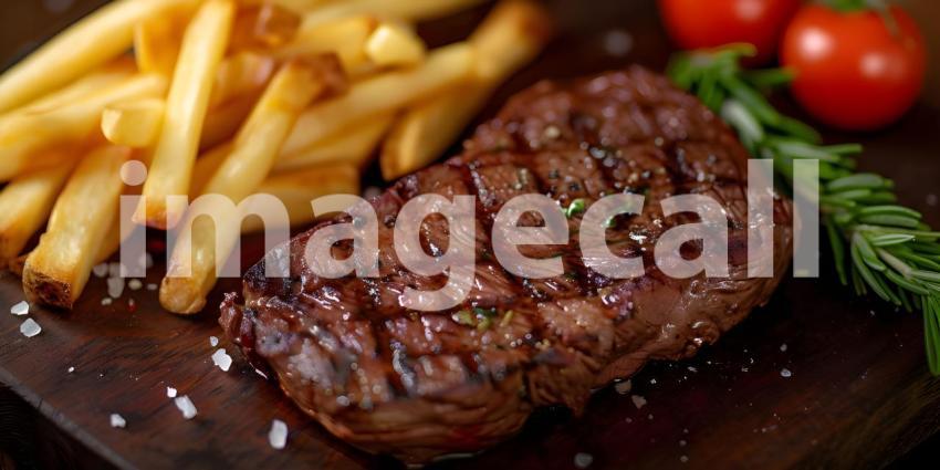 A Sizzling Steak Dinner Fit for a King, A Juicy Steak with Crispy Fries and Fresh Herbs