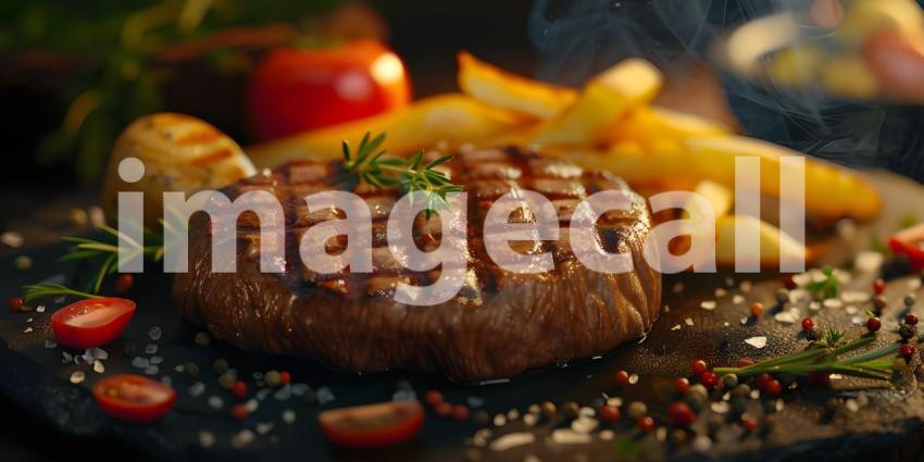 A Sizzling Steak Dinner Fit for a King, A Juicy Steak with Crispy Fries and Fresh Herbs