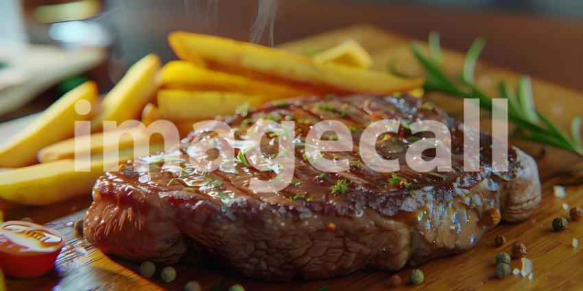 A Sizzling Steak Dinner Fit for a King, A Juicy Steak with Crispy Fries and Fresh Herbs