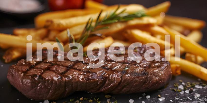 A Sizzling Steak Dinner Fit for a King, A Juicy Steak with Crispy Fries and Fresh Herbs