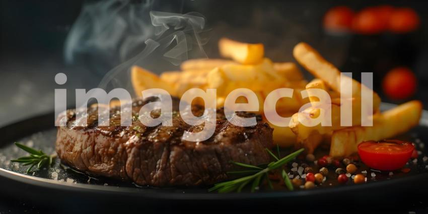 A Sizzling Steak Dinner Fit for a King, A Juicy Steak with Crispy Fries and Fresh Herbs