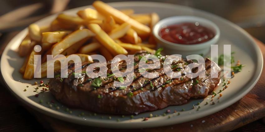 A Sizzling Steak Dinner Fit for a King, A Juicy Steak with Crispy Fries and Fresh Herbs