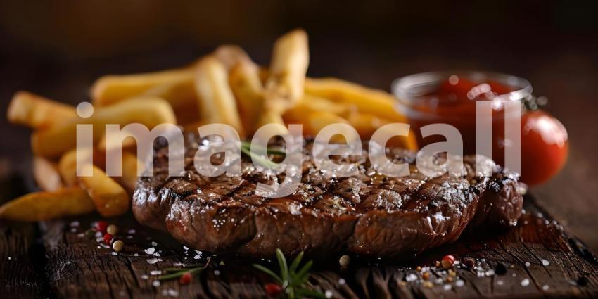 A Sizzling Steak Dinner Fit for a King, A Juicy Steak with Crispy Fries and Fresh Herbs