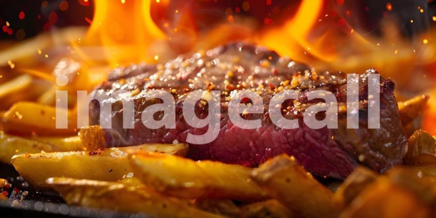A Sizzling Steak Dinner Fit for a King, A Juicy Steak with Crispy Fries and Fresh Herbs
