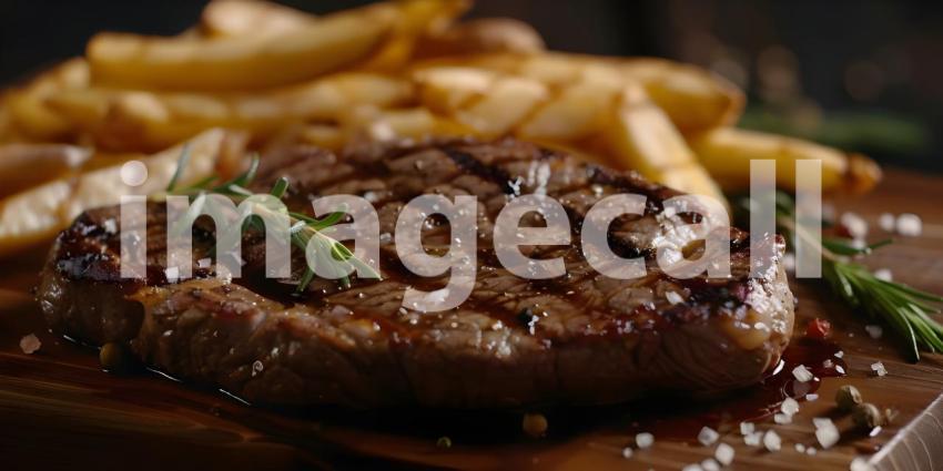 A Sizzling Steak Dinner Fit for a King, A Juicy Steak with Crispy Fries and Fresh Herbs