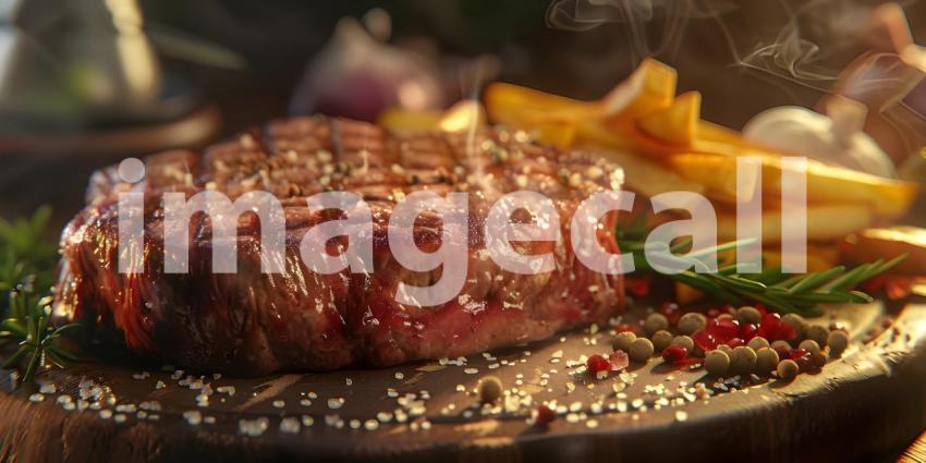 A Sizzling Steak Dinner Fit for a King, A Juicy Steak with Crispy Fries and Fresh Herbs