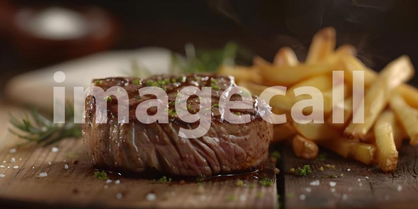 A Sizzling Steak Dinner Fit for a King, A Juicy Steak with Crispy Fries and Fresh Herbs