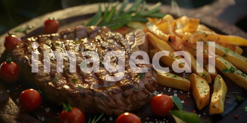 A Sizzling Steak Dinner Fit for a King, A Juicy Steak with Crispy Fries and Fresh Herbs