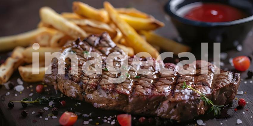 A Sizzling Steak Dinner Fit for a King, A Juicy Steak with Crispy Fries and Fresh Herbs