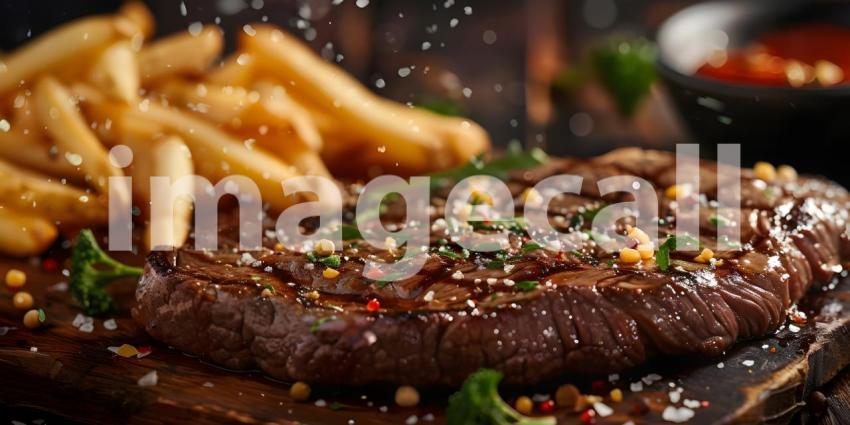 A Sizzling Steak Dinner Fit for a King, A Juicy Steak with Crispy Fries and Fresh Herbs
