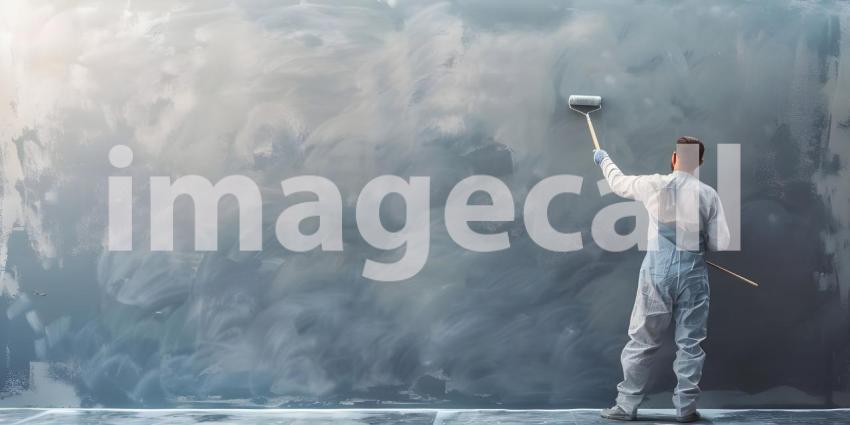 Person Painting an Abstract Wall: Standing on a Protected Floor, Wearing Protective Clothing and Painting a Textured Blue and Gray Wall with a Roller