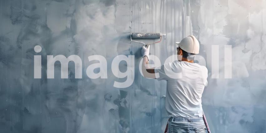 Person Painting an Abstract Wall: Standing on a Protected Floor, Wearing Protective Clothing and Painting a Textured Blue and Gray Wall with a Roller