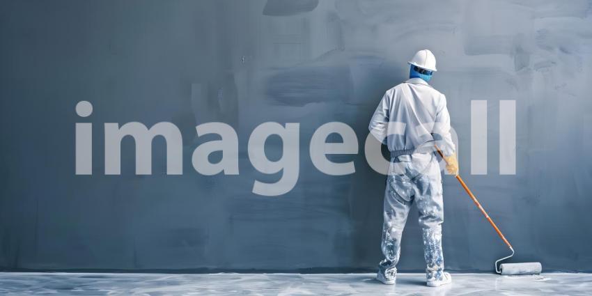 Person Painting an Abstract Wall: Standing on a Protected Floor, Wearing Protective Clothing and Painting a Textured Blue and Gray Wall with a Roller