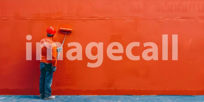 Person Painting an Abstract Wall: Standing on a Protected Floor, Wearing Protective Clothing and Painting a Textured Blue and Gray Wall with a Roller