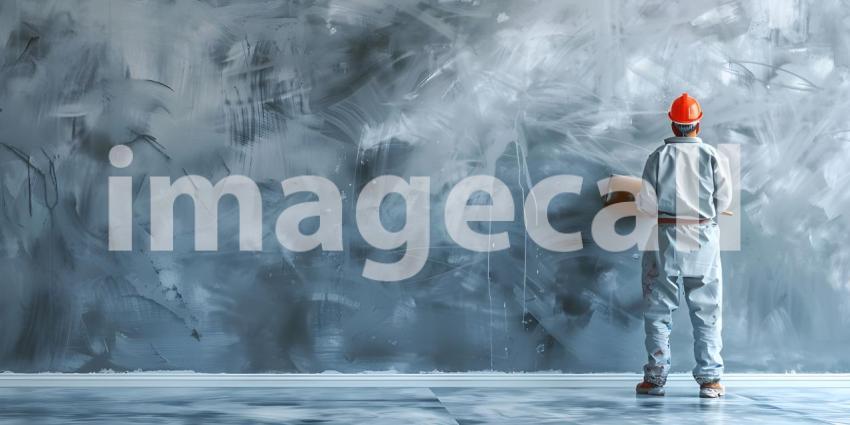 Person Painting an Abstract Wall: Standing on a Protected Floor, Wearing Protective Clothing and Painting a Textured Blue and Gray Wall with a Roller