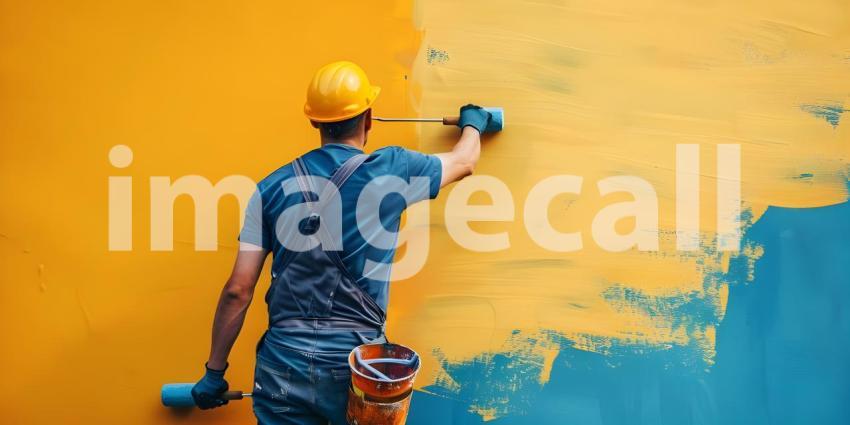 Person Painting an Abstract Wall: Standing on a Protected Floor, Wearing Protective Clothing and Painting a Textured Blue and Gray Wall with a Roller