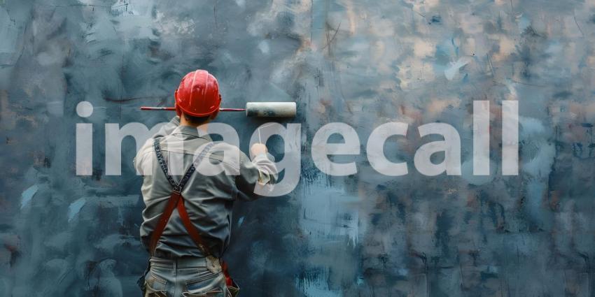 Person Painting an Abstract Wall: Standing on a Protected Floor, Wearing Protective Clothing and Painting a Textured Blue and Gray Wall with a Roller