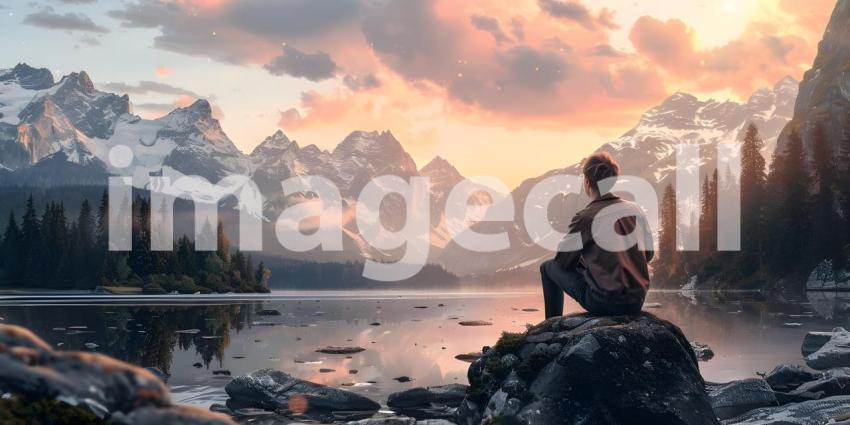 Serene landscape with a person sitting on a rock by a calm lake