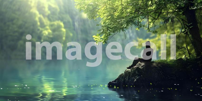 Serene landscape with a person sitting on a rock by a calm lake