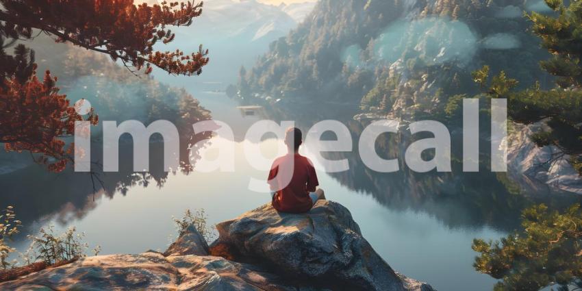 Serene landscape with a person sitting on a rock by a calm lake