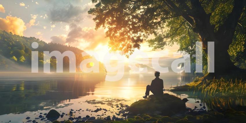 Serene landscape with a person sitting on a rock by a calm lake
