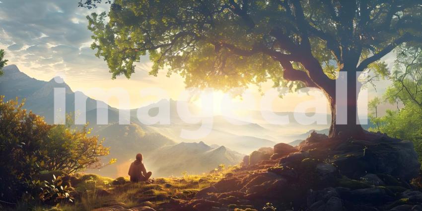 Serene landscape with a person sitting on a rock by a calm lake