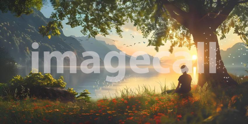 Serene landscape with a person sitting on a rock by a calm lake