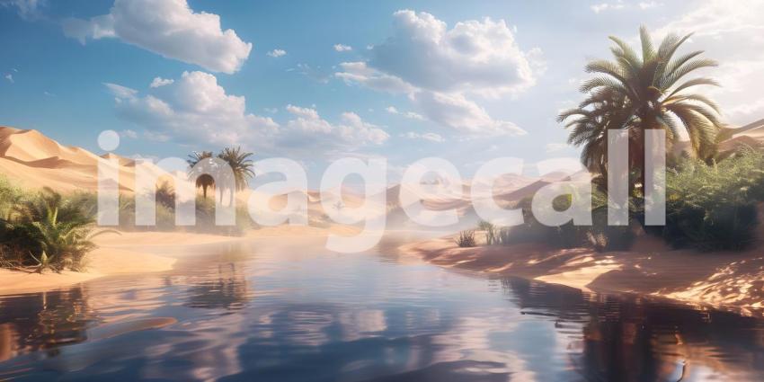 A Mirage in the Desert: An Oasis of Calm Amidst the Sands, Where Sand Meets Water: A Breathtaking Desert Landscape