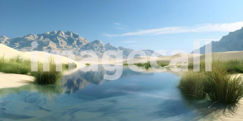 A Mirage in the Desert: An Oasis of Calm Amidst the Sands, Where Sand Meets Water: A Breathtaking Desert Landscape