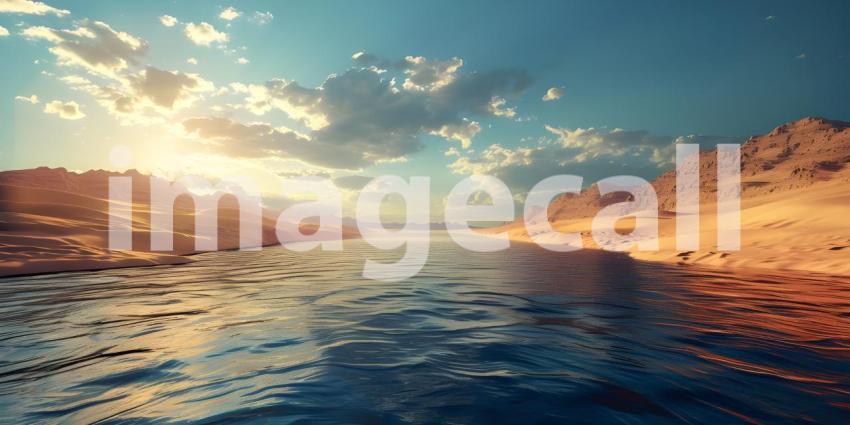 A Mirage in the Desert: An Oasis of Calm Amidst the Sands, Where Sand Meets Water: A Breathtaking Desert Landscape