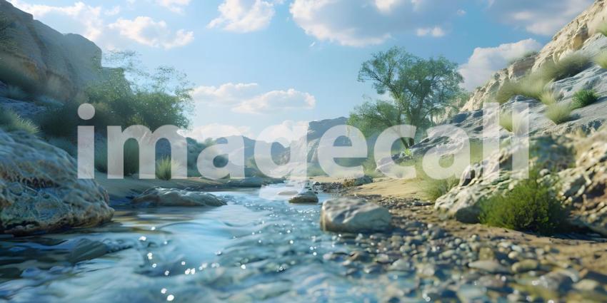 A Mirage in the Desert: An Oasis of Calm Amidst the Sands, Where Sand Meets Water: A Breathtaking Desert Landscape