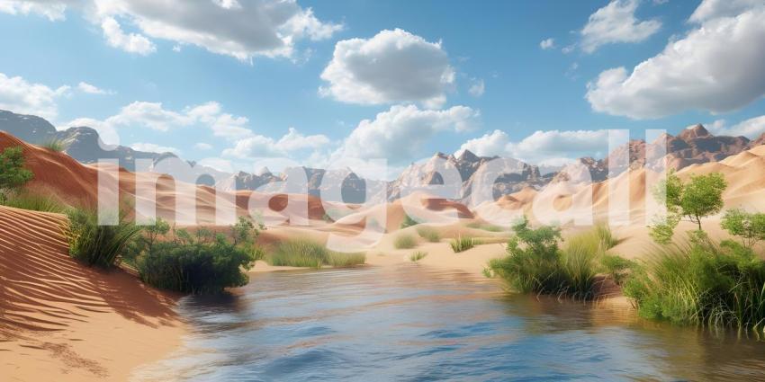 A Mirage in the Desert: An Oasis of Calm Amidst the Sands, Where Sand Meets Water: A Breathtaking Desert Landscape