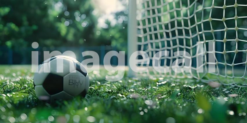 Awaiting the Kickoff: The Ball Rests Near the Goal, The Goal Beckons: A Soccer Ball on the Pitch
